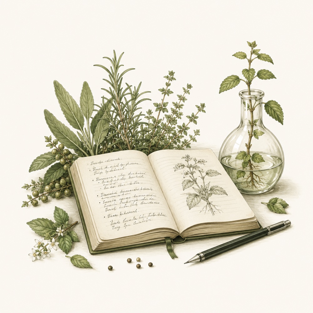 Illustration of research notebook and flask